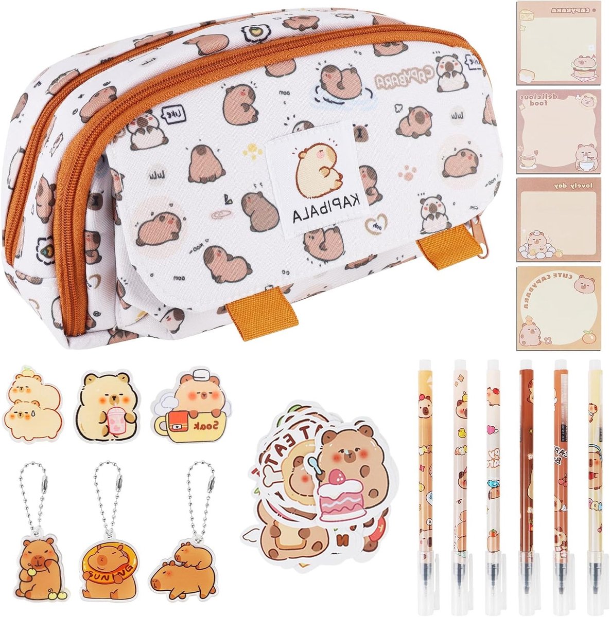 MK Stoer - Pennenetui voor kinderen - Schrijfwaren - Kawaii - Dieren - Pen - Stickers - Cartoon - Etui - Voor jongens en meisjes - 47-delige - Groß - Geschikt voor Capybara - KLeur of model