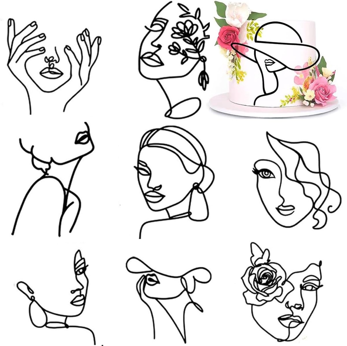 SnelShoppen - Pack van 8 Cake Toppers, Cake Decoratie, Vrouwelijk Gezicht Cake Topper, Acryl Cake Decoratie, Verjaardag, Vrouw Meisjes, Zwarte Cake To