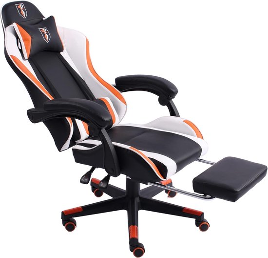 Gamingstoel in racingdesign met verstelbare armleuningen en voetensteun - zwart/wit-oranje — afbeelding 4