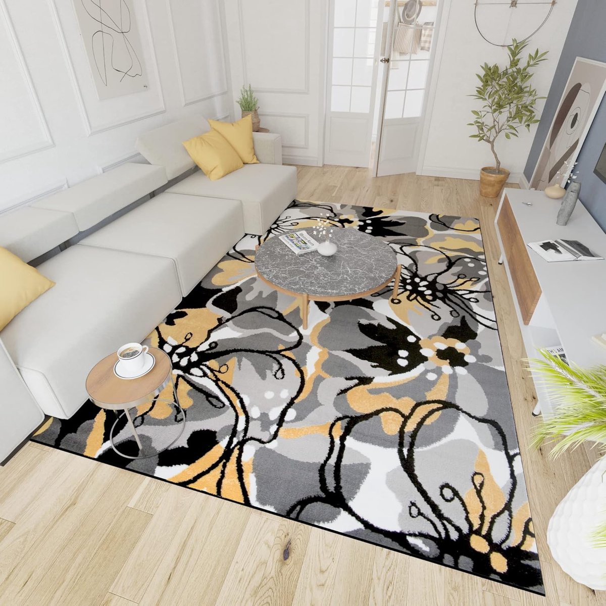 Tapijt 250x300cm grijs geel - kortpolig modern patroon - geschikt voor vloerverwarming
