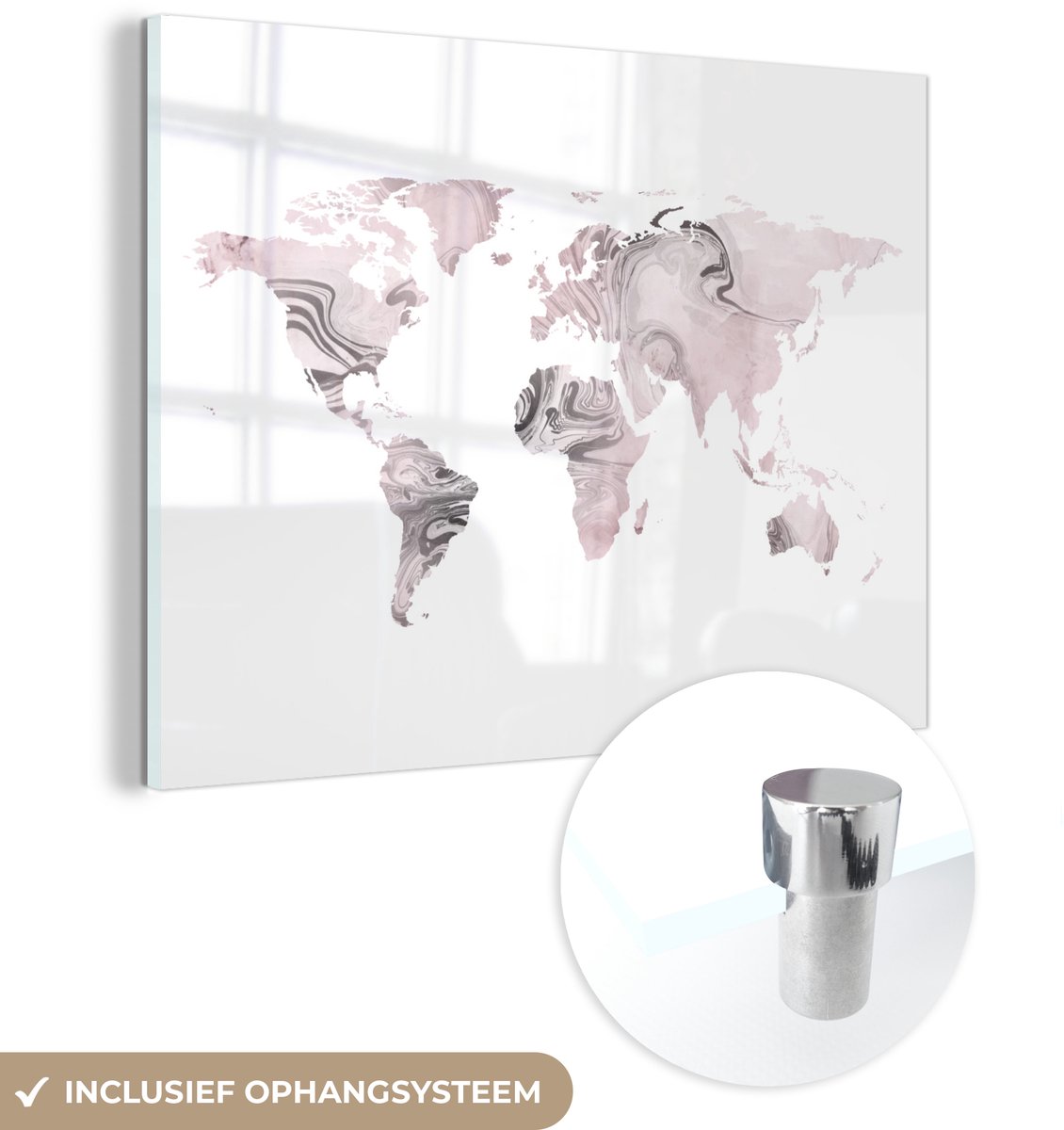 ® Glasschilderij 160x120 cm - Schilderij acrylglas - Wereldkaart - Verf - Roze - Foto op glas - Muurdecoratie woonkamer - Wanddecoratie slaapkamer - Schilderijen