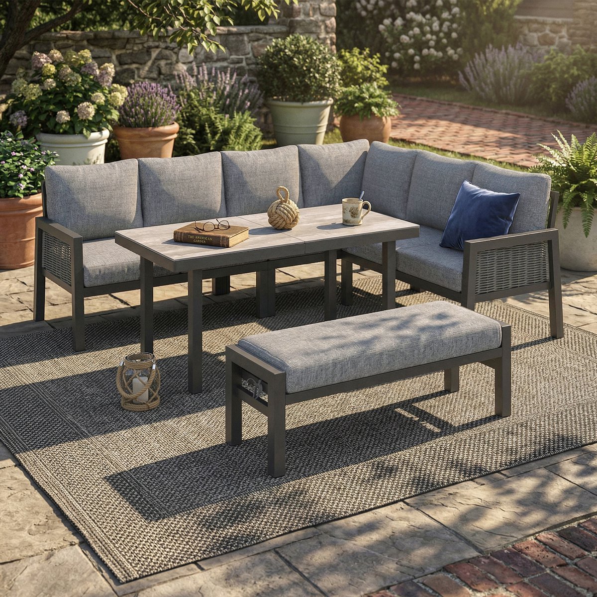 Tuinmeubelset, Tuinset, Eethoek, 8 Personen, Hoekopstelling, Gegalvaniseerd Ijzer, Glazen Tafelblad, Handgemaakt Gevlochten PE-touw, Inclusief Eettafels, Banken en Sofa's-Grijs