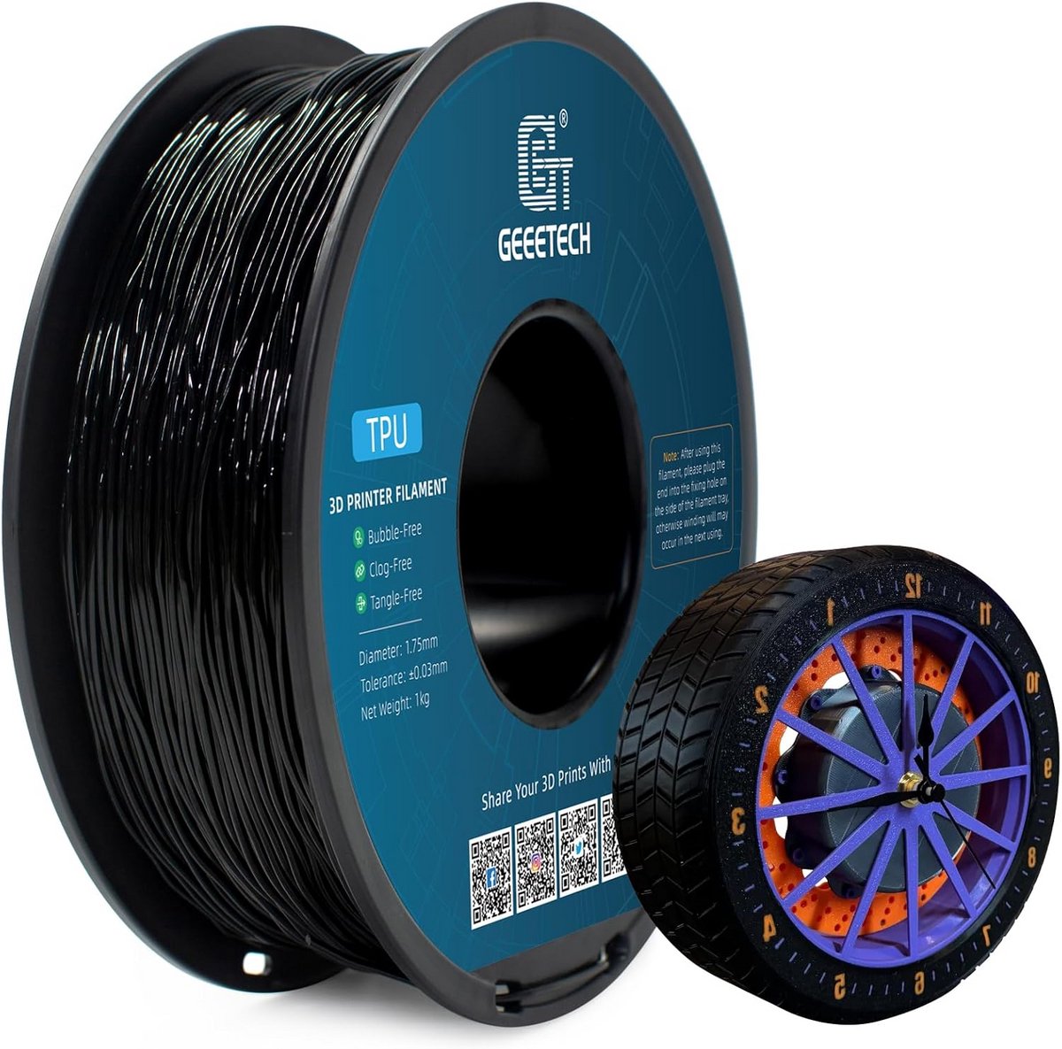 Flexibel TPU Filament Zwart 1.75mm voor 3D Printer - 1kg Spoel