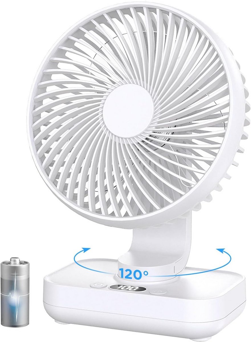 Mini Tafelventilator met Batterij - 4 Snelheden en Oplaadbaar