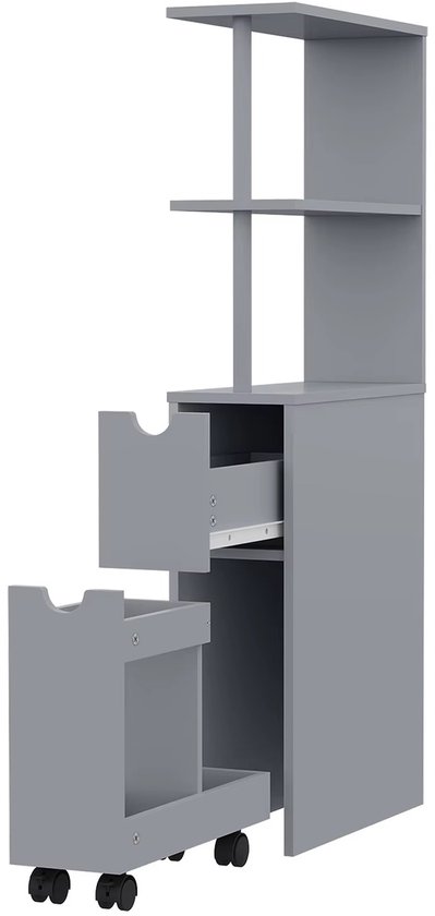Grijze smalle opbergkast met twee lades, een uitneembaar mandje en open vakken, op wielen.