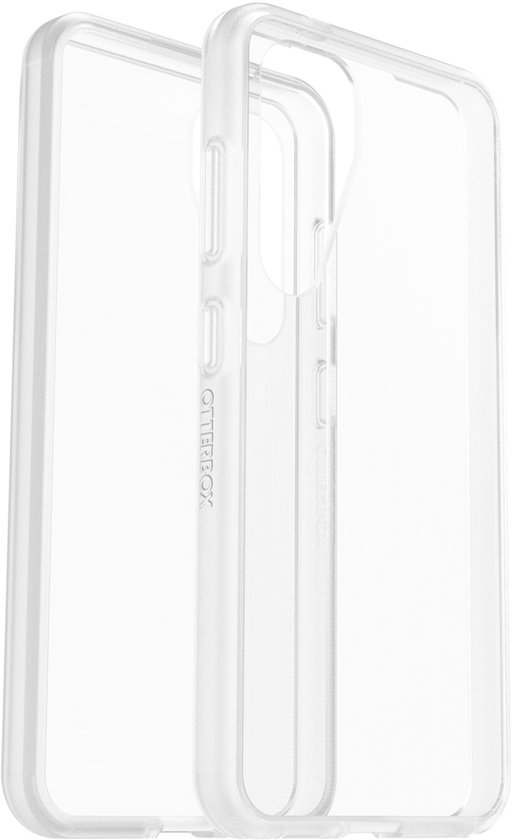 Twee heldere OtterBox React telefoonhoesjes naast elkaar, op zwarte achtergrond.