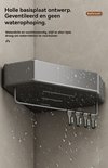Een donkergrijs hoekbadkamerrekje, bedekt met waterdruppels, met de tekst "Holle basisplaat ontwerp. Geventileerd en geen waterophoping."