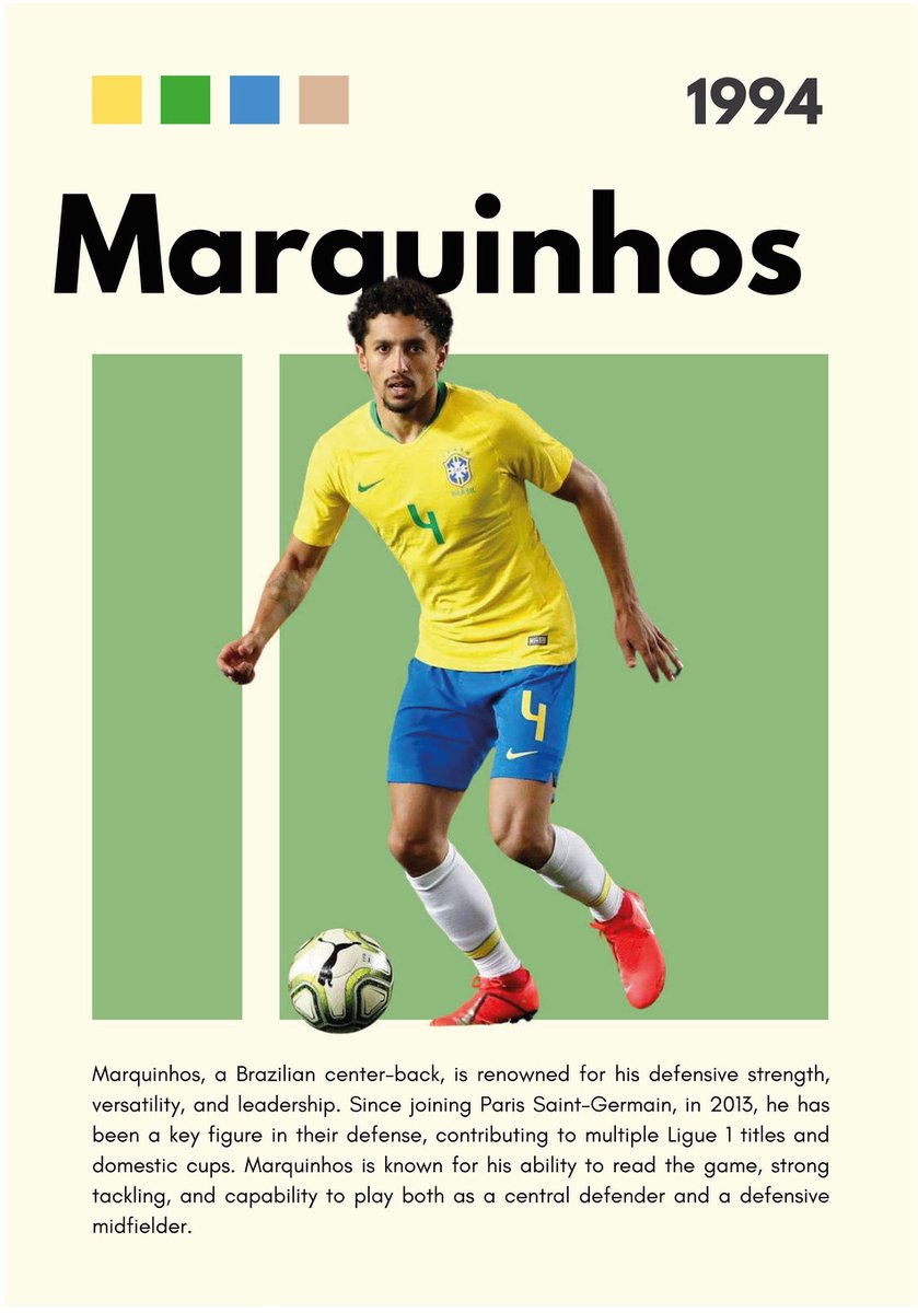 Marquinhos Brazilië Voetbal - Dibond Wandprint - 70x100 cm - Premium Aluminium Wanddecoratie - Galerij Kwaliteit Sportkunst - Marquinhos Brazil