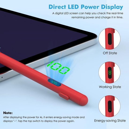 Vt products - Stylus Pen - Tablet Pen - LED Power Display - Rood - Universeel - Geschikt voor iPad/iPhone/Samsung/Tablets - Touchscreen Pen — afbeelding 3