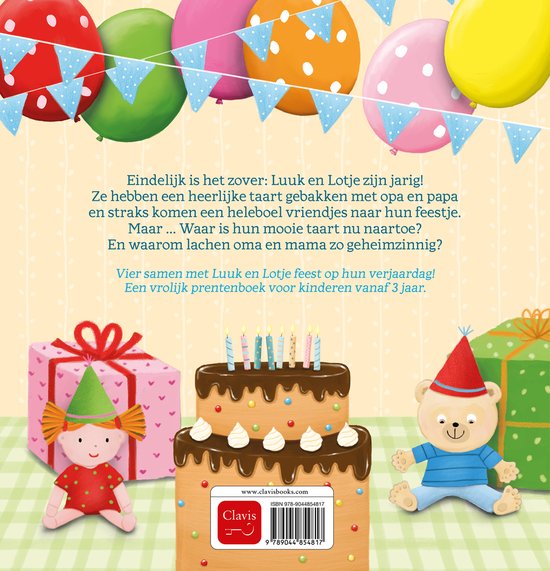 Een verjaardagstaart met 9 kaarsen, cadeautjes, en knuffels. Geschreven door Ruth Wieldock.