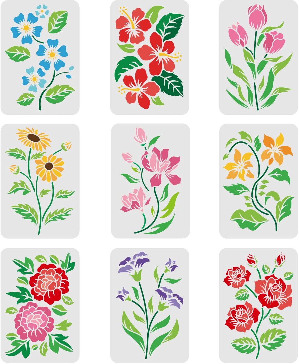 aladdien - Bloemensjablonen - Herbruikbare sjablonen - Creatief schilderen - 29,7 x 21 cm - DIY sjablonen - Geschikt voor kunstnijverheid - 9 sjablone