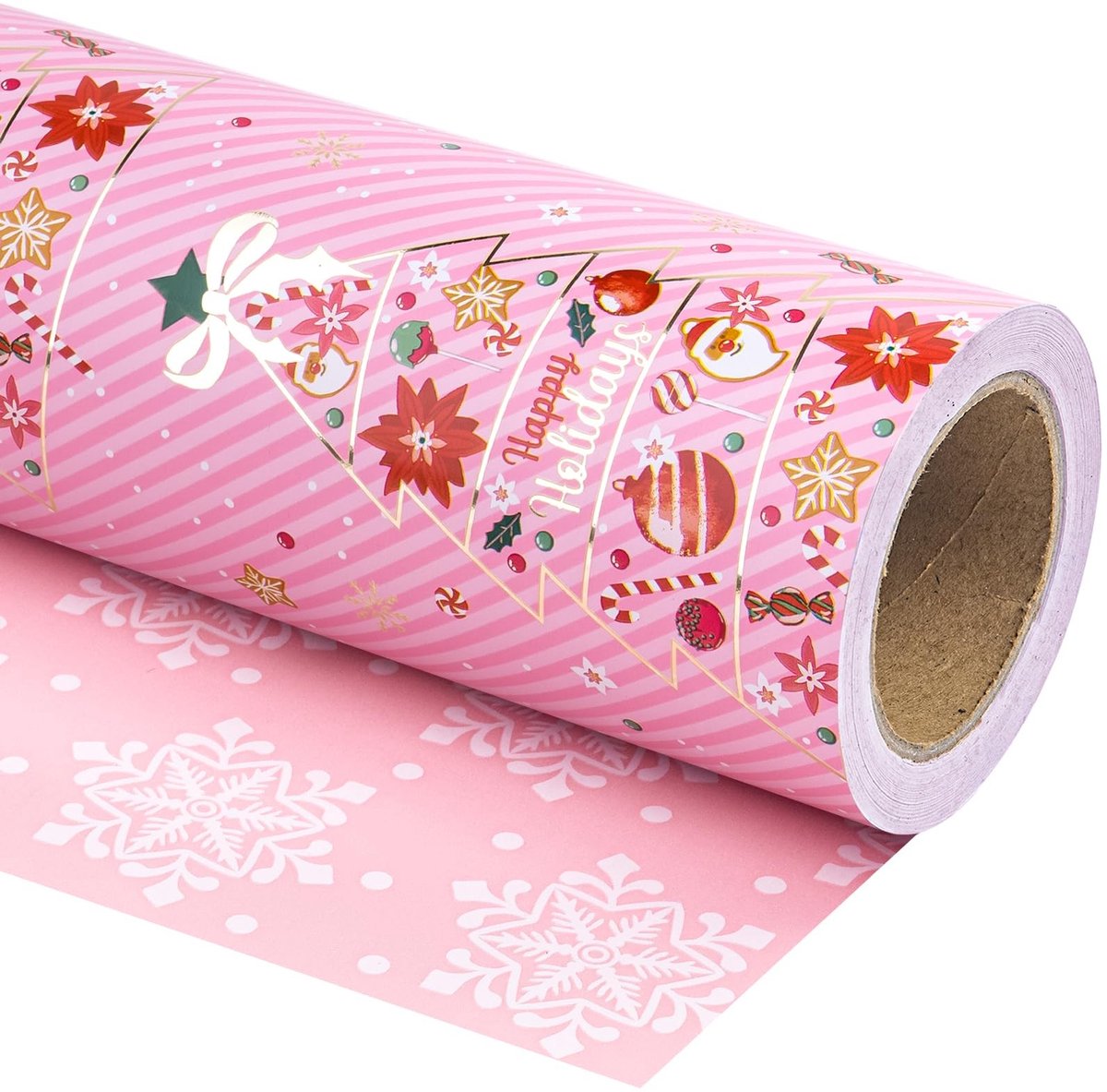 aladdien - Omkeerbaar kerstinpakpapier - Cadeaupapier - Perfect voor feestdagen - Roze kerstboom en sneeuwvlok - 43,2 cm x 10 m - Minirol