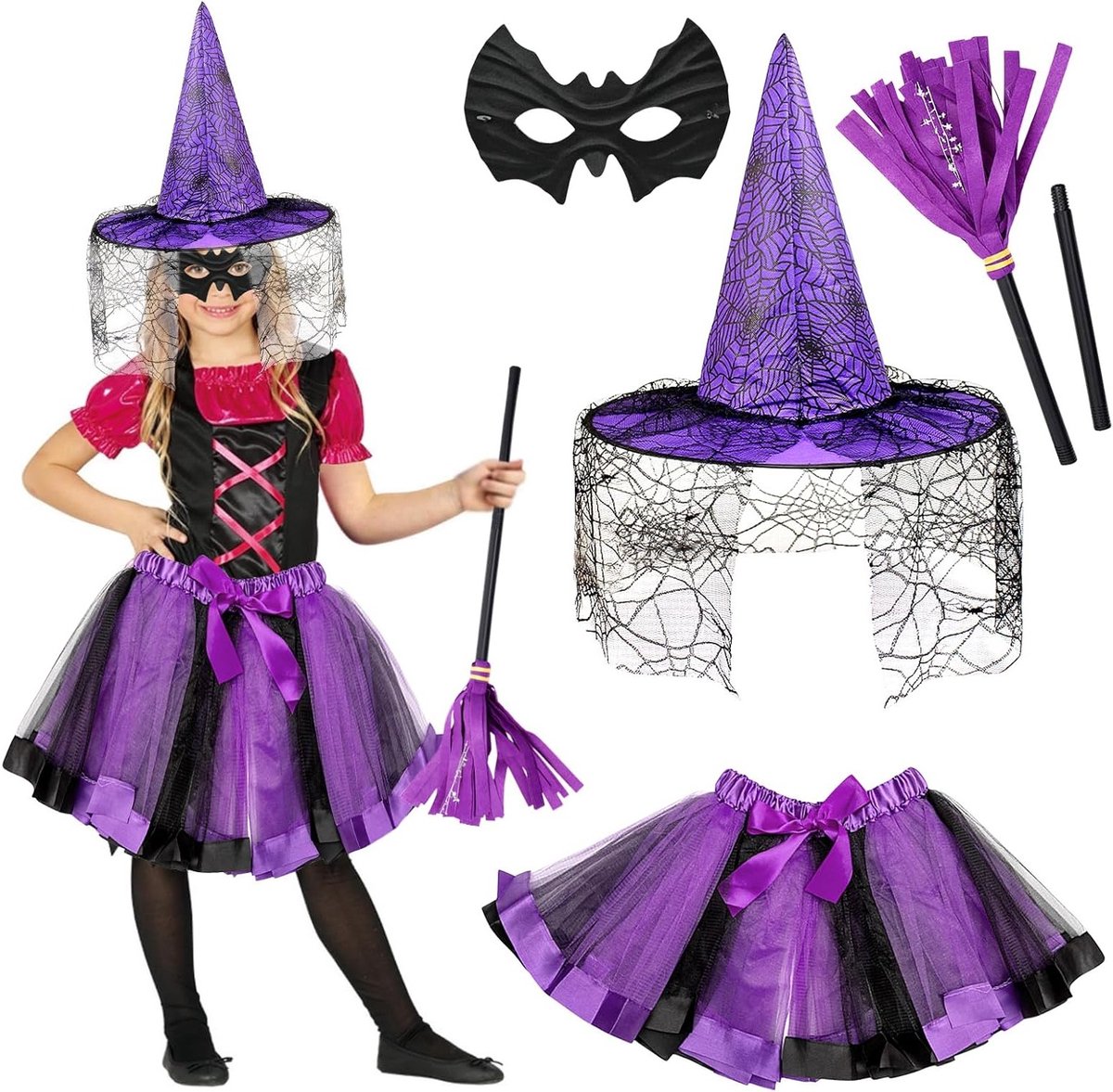 Griezelig Heksen Kostuum voor Meisjes, Compleet met Heksenhoed, Bezem en Jurk voor Halloween Feestjes