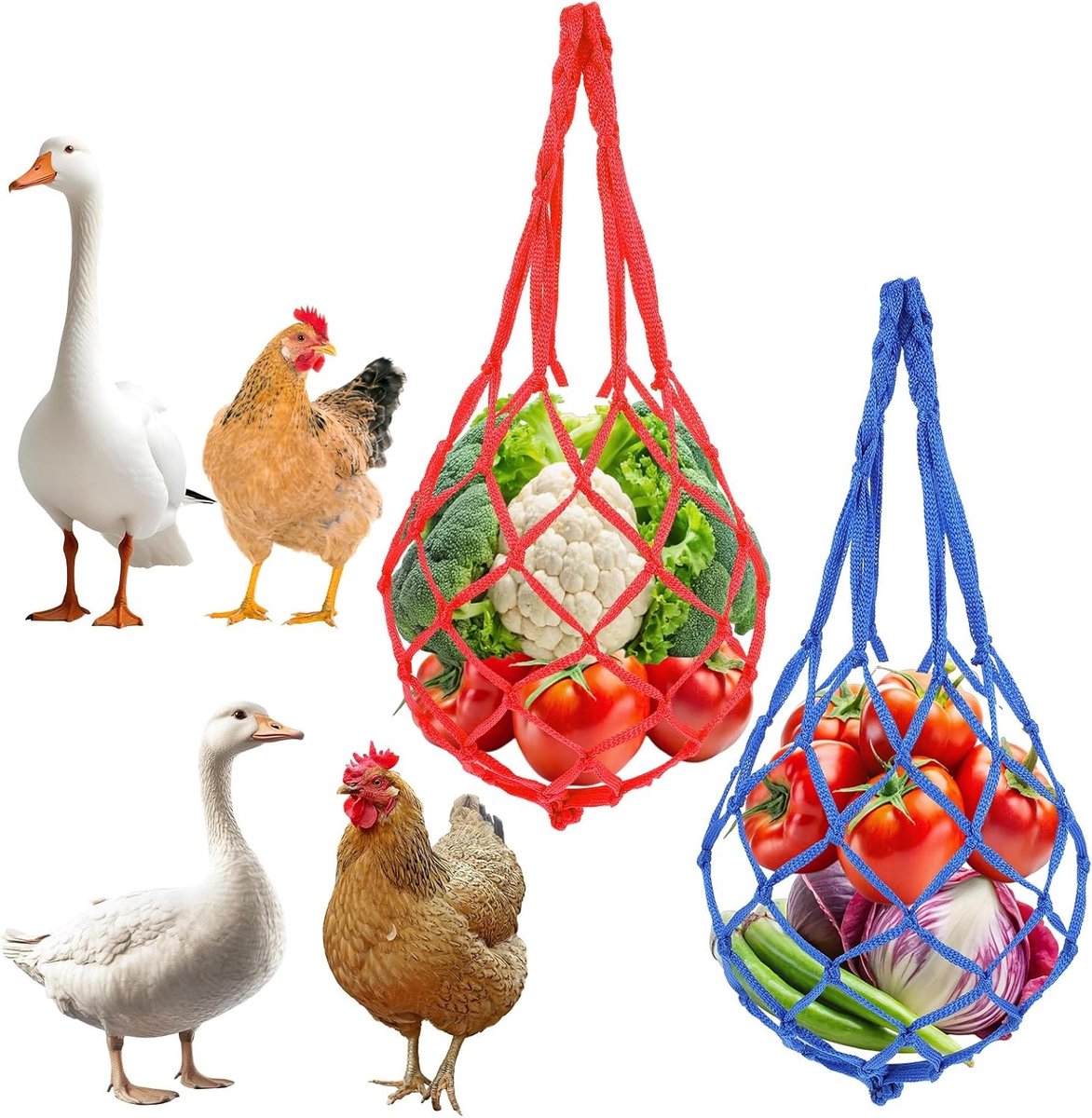 Set van 2 Hangende Voederbakken voor Kippen - Nylon Voedernetten voor Fruit en Groenten, Praktische Speelaccessoires voor Eenden, Ganzen en Vogels (2 Stuks)