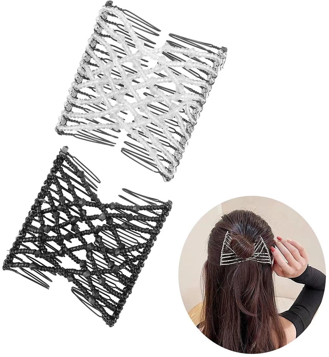 Allecto - Magische haarkammen - Haarkammen set - Met parels en clips - Wit en zwart - Haaraccessoires - Geschikt voor vrouwen en meisjes - 2 stuks