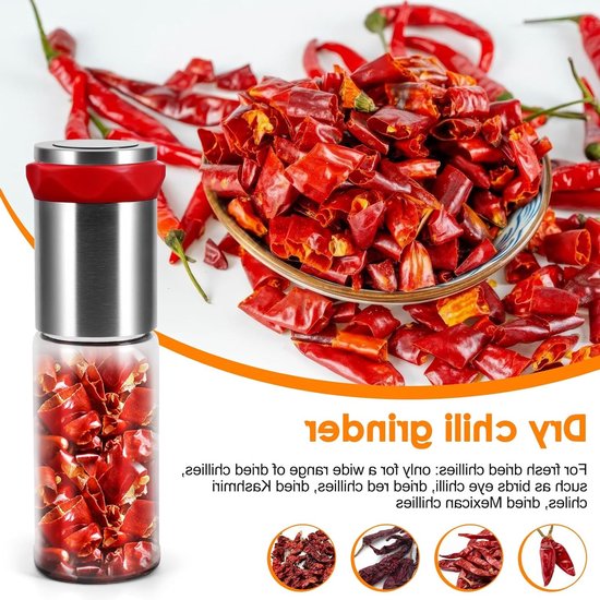 Chili Molen van RVS en Glas (170 ml) voor Grof Kruid en Droge Chili, Specerijenmolen met Aroma Beschermde Deksel en Robuuste Snijtechnologie van Merkloos — afbeelding 5