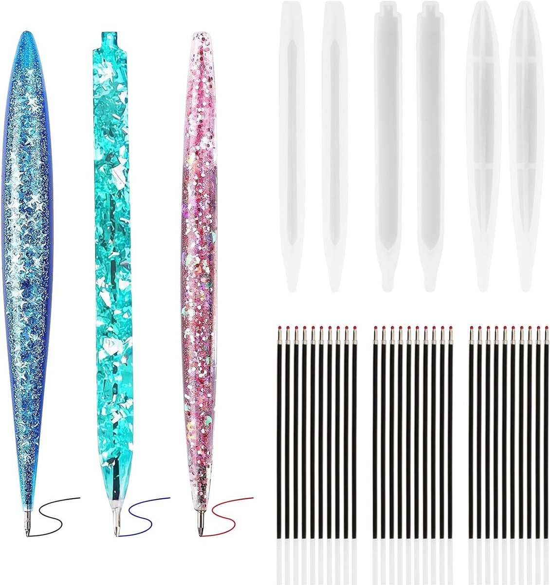 SnelShoppen - Pack van 6 Epoxy Balpen Silicone Mallen, Kunststof Mallen met 30 Vervangende Pennen voor Creatieve Projecten, DIY Pen Ontwerpen met Glit