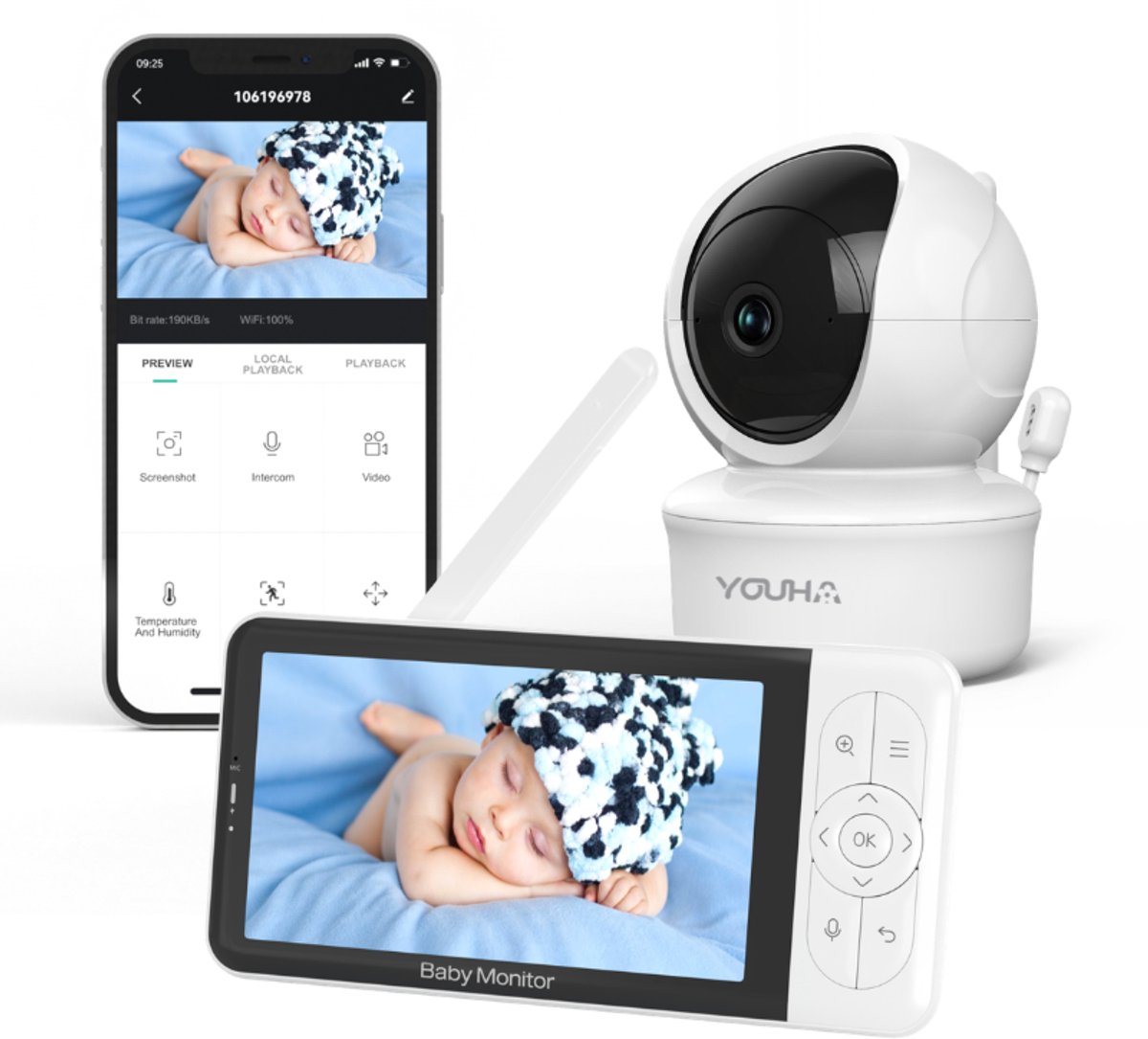 Youha Babyfoon - Babyfoon met Camera, Kleuren beeldscherm en App - Modern Design, Scherp Kleurenbeeld en Helder Geluid - Compatibel met Meerdere Camera's - Beeldbabyfoon Baby6T