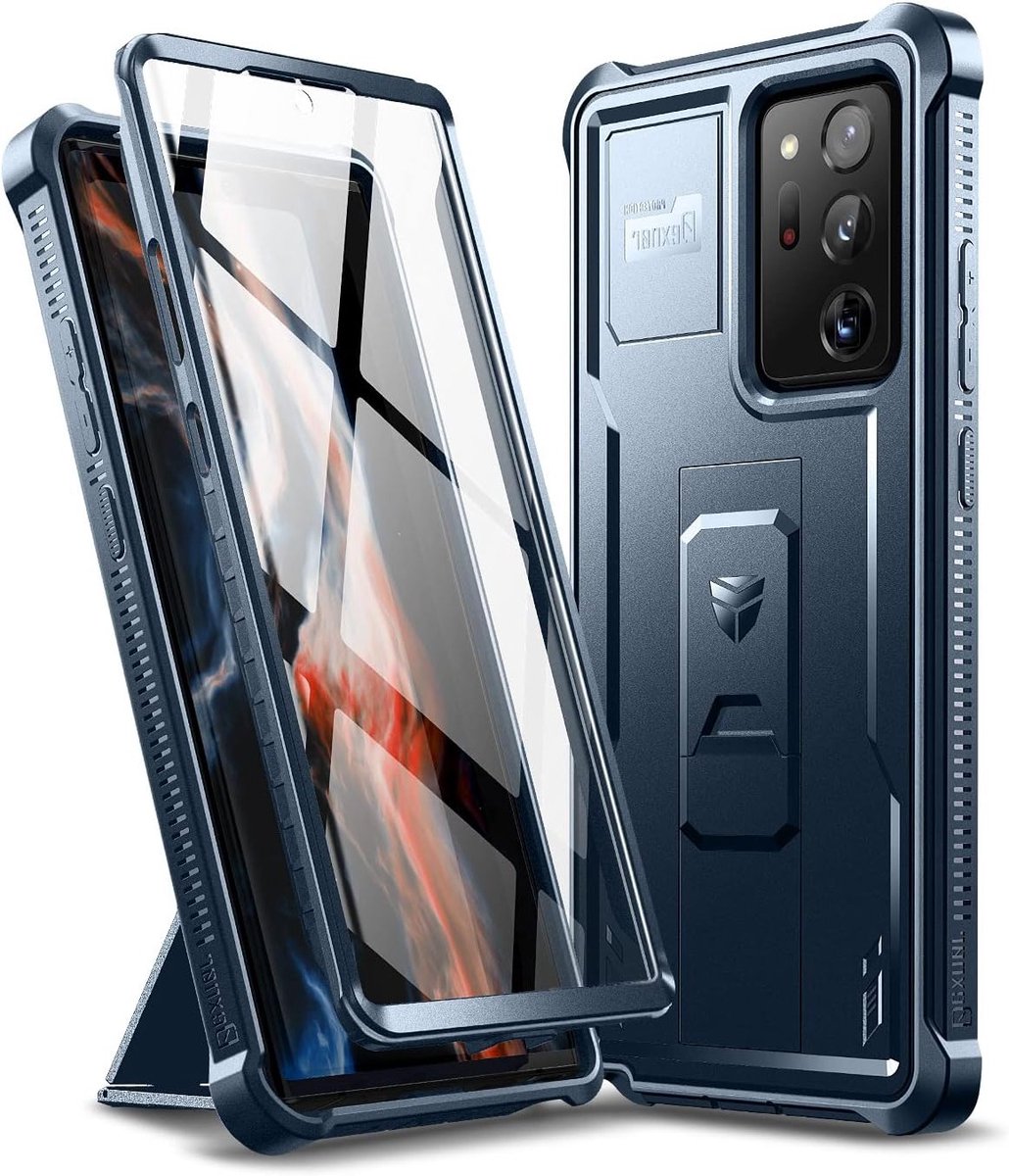 Zware Schokbestendige Beschermcase met Ingebouwde Schermbeschermer en Kickstand voor Samsung Note 20 Ultra - Marineblauw, Militaire Kwaliteit, Duurzaam en Functioneel