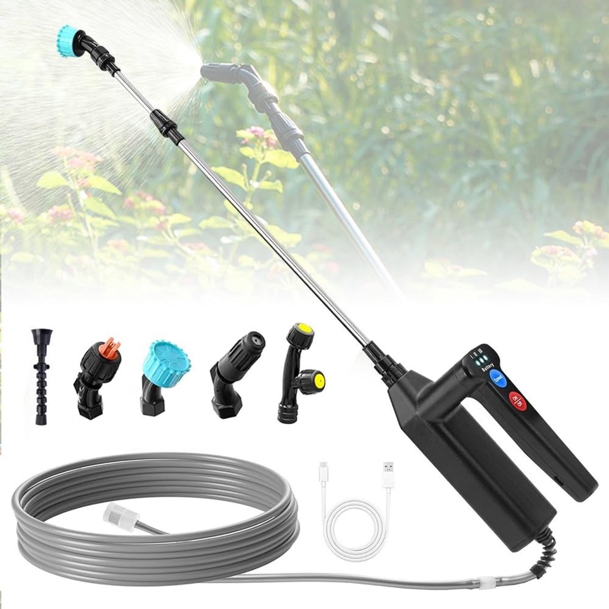 Draadloze elektrische drukspuit voor planten, 8 m bereik, 5 spuitmonden, 3 instelbare niveaus en batterij-indicator, oplaadbare USB, ideaal voor tuin, gazon en terras.