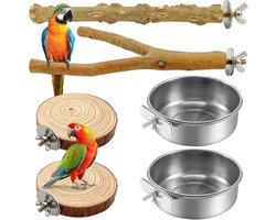 Set van 4 Natuurlijke Vogelzitstokken met 2 Voerbakken voor Vogels, Accessoires voor Papegaaien, Parkieten en Kanaries