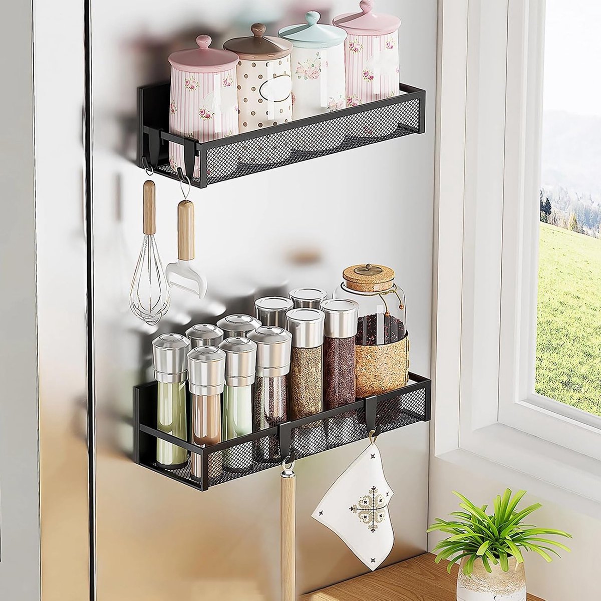 Magnetisch Kruidensysteem, 2 Stuks, Ideaal voor Koelkast, Keuken Organizer met 10 Plastic Haken voor Kruidenset en Keukenopslag