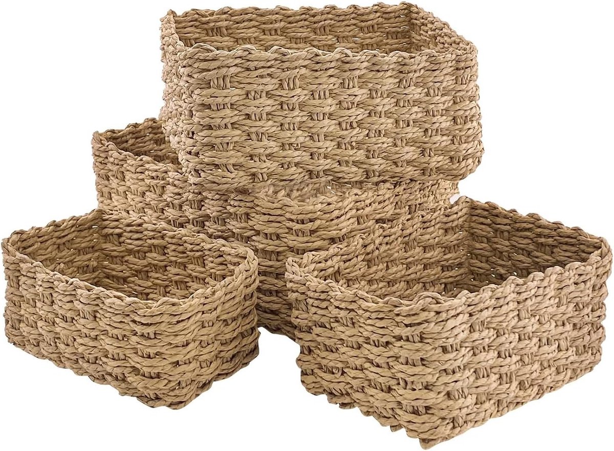 Set van 4 Stapelbare Wicker Mandjes voor Badkamer, Kinderkamer en Babyverzorging - Gele Opbergmanden voor Speelgoed en Organisatie