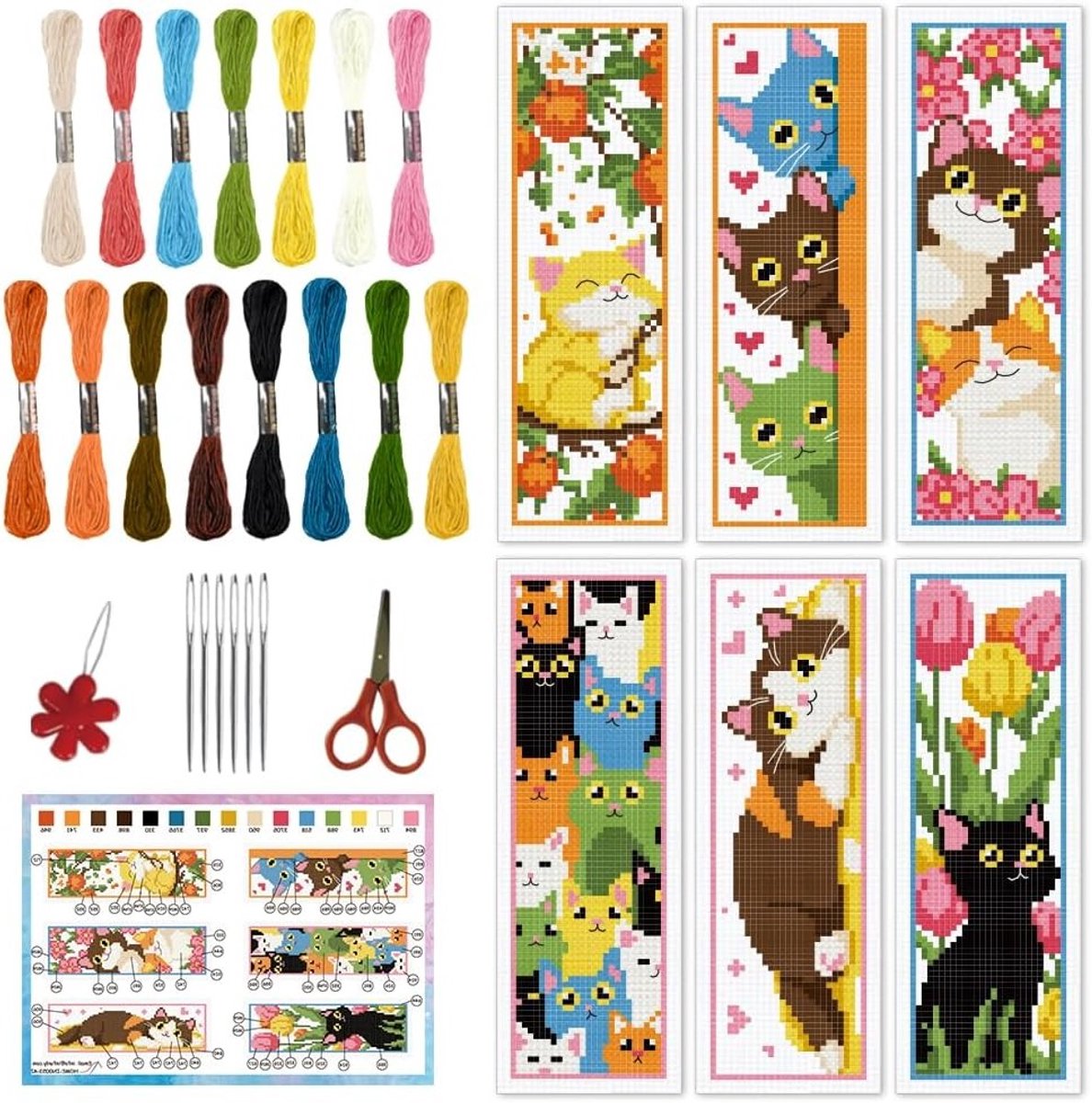 6 Stuks DIY Kat Cross Stitch Boekenlegger Kits voor Beginners - Schattige Geprinte Dieren Boekenleggers met Instructies voor Kattenliefhebbers en Borduurprojecten