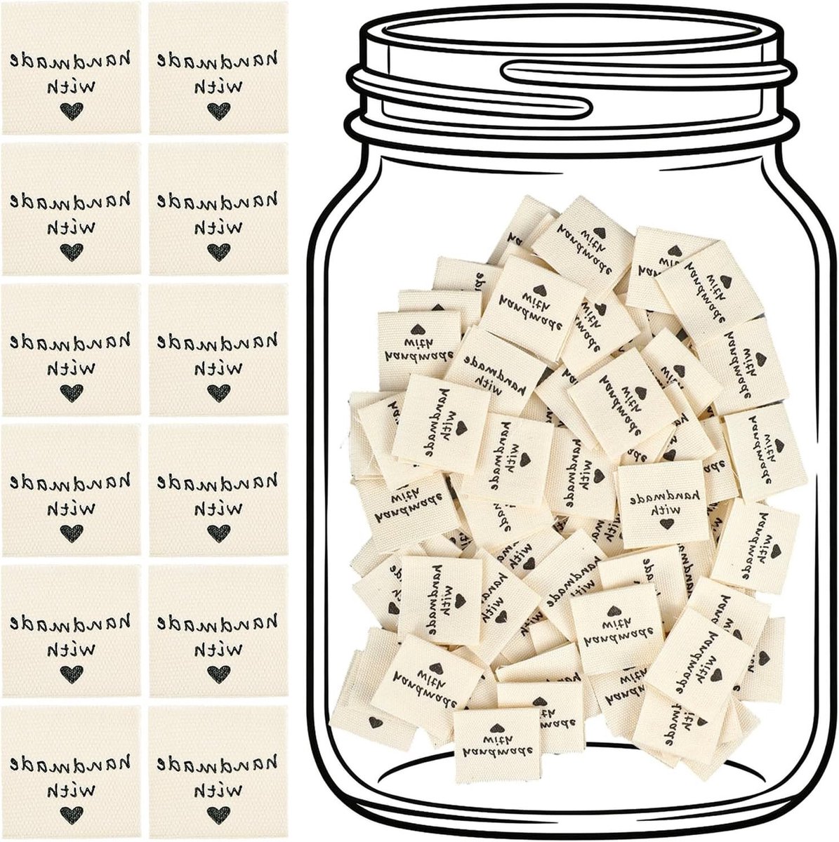 150 stuks handgemaakte labels voor naaien op kleding en handgemaakte items, geweven stoffenlabels met hartpatroon voor DIY-projecten zoals breien en haken