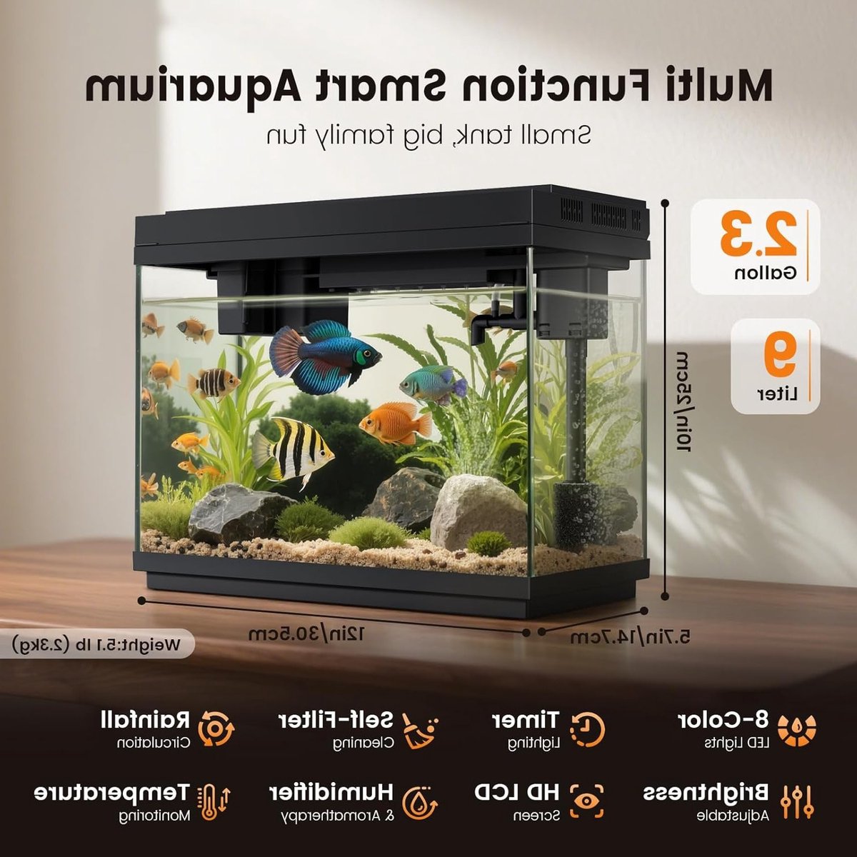 Complete Nano Aquarium Set van 9 Liter met LED Verlichting, Zelfreinigende Pomp en Filter, Ideaal voor Beginners en Aromatherapie thumbnail 3