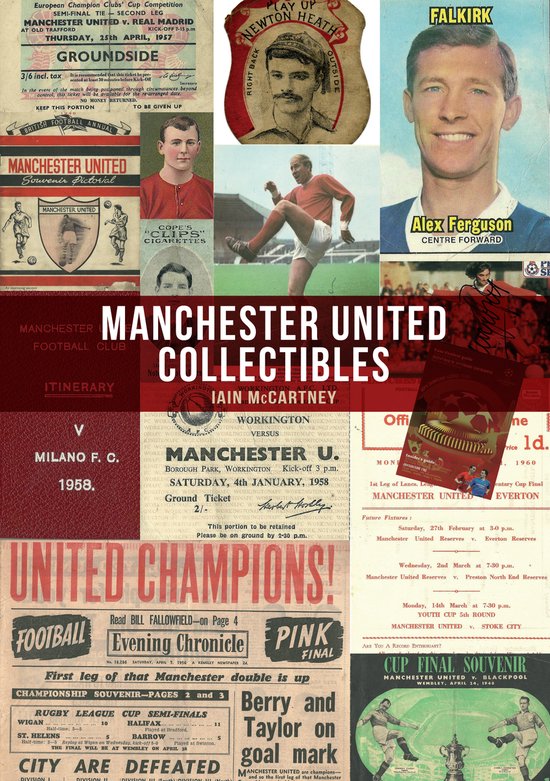 Collage van Manchester United memorabilia, met programme, tickets, krantenknipsels en portretten van Alex Ferguson en een speler uit 1958.