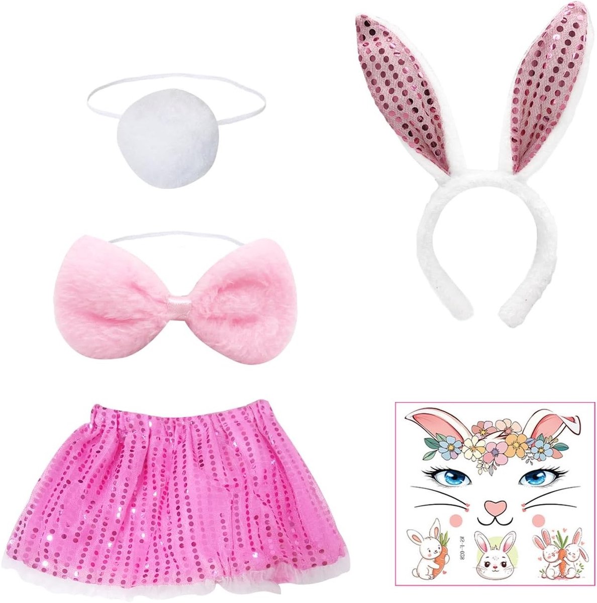 Schattige konijnen kostuumaccessoires set met rok, haarband, staart, strik en gezichtssticker voor feestjes en verkleedpartijen