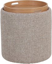 Ronde taupe poef met een ingebouwd houten dienblad met handgrepen.