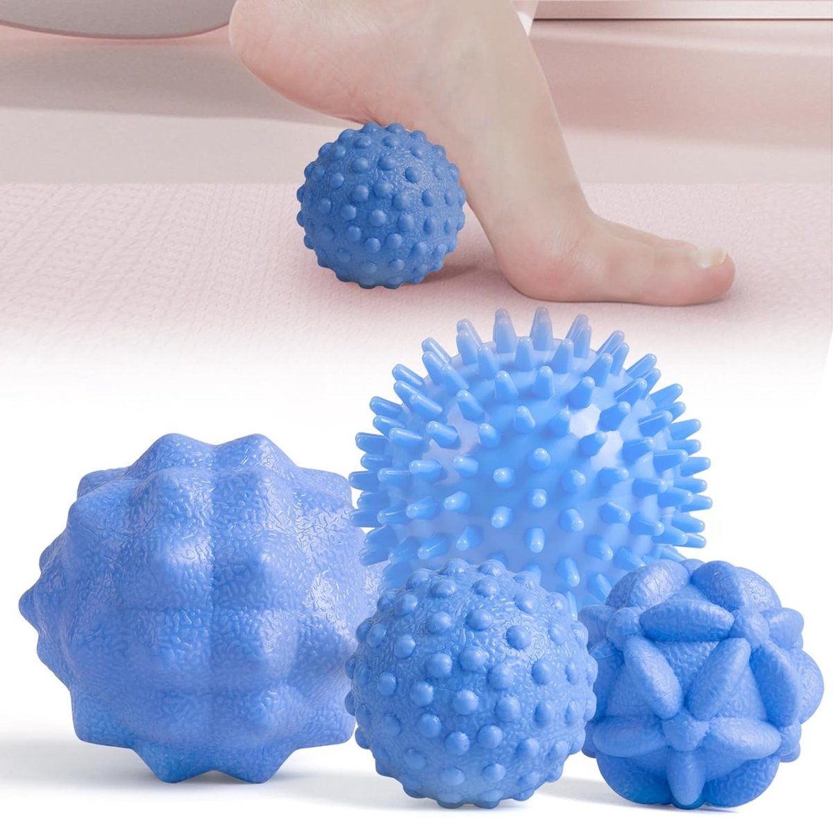 Set van 4 Kleine Massageballen voor Trigger Points, Spiky Fascia Massageballen voor Voeten, Rug, Nek en Handen, Blauw