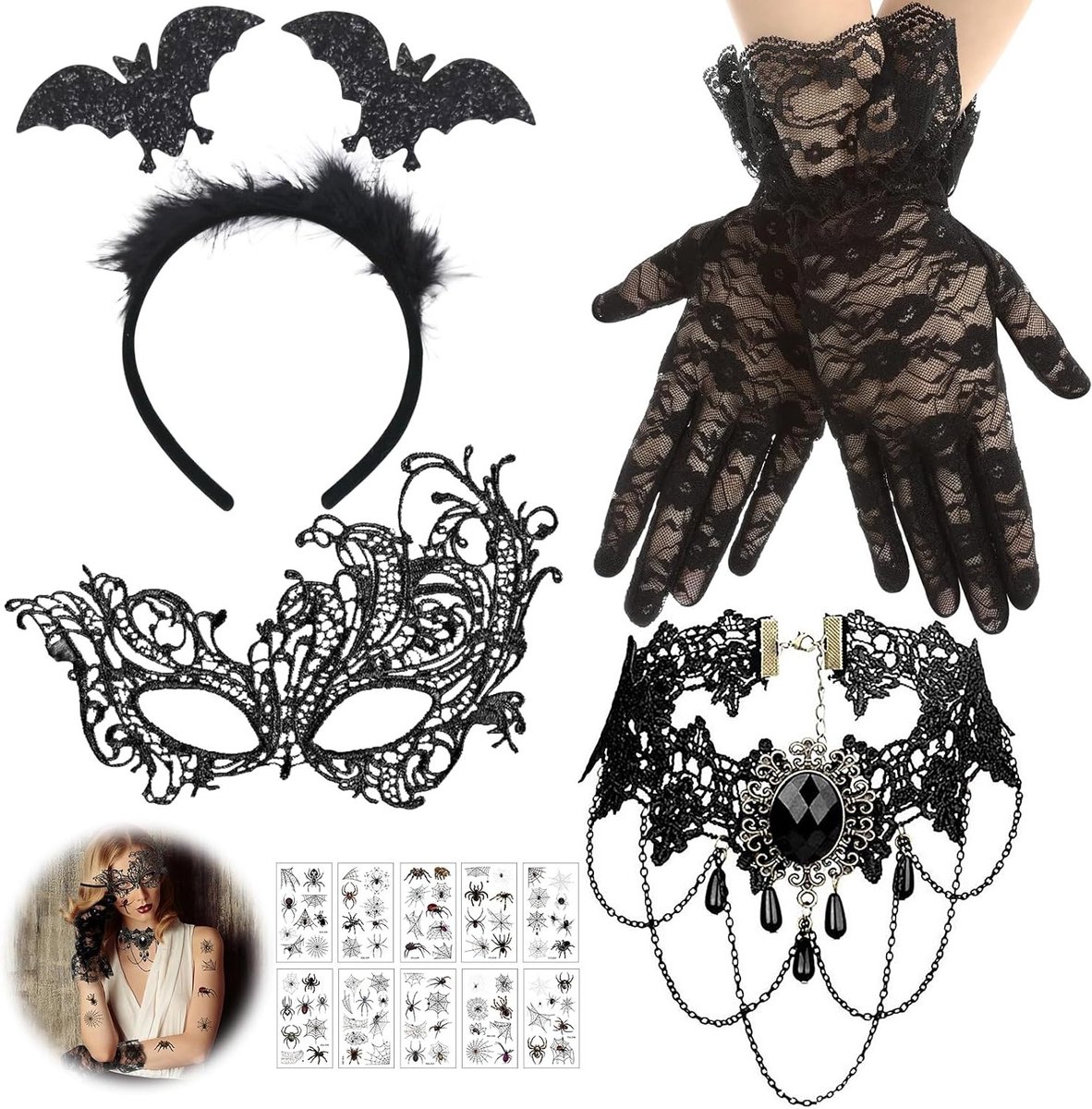 Halloween Steampunk Accessoires voor Dames, Set van 5, Goth Zwarte Kanten Handschoenen, Ketting, Oogmasker, Tattoo Stickers en Kostuumaccessoires voor Carnaval en Feestjes