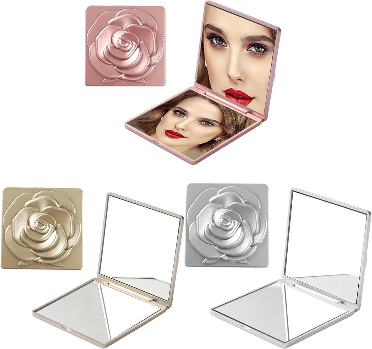 Vrouwelijke Compacte Make-up Spiegel - 3 Stuks Vintage Vierkant Opvouwbaar Reismirror met Vergroting voor Handtas, Winkelen, Reizen en Kantoorgebruik