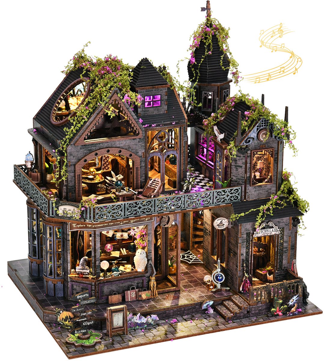 Premium Miniatuur XXL bouwpakket (Extra groot) - DIY Houten 3D Puzzel Magic House met LED Verlichting, Bewegingssensor & Muziekdoos – Book Nook Boekensteun Miniatuur Bouwpakket – Cadeau voor Volwassenen (15+) — afbeelding 5