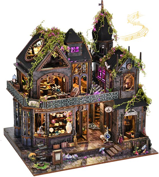 Premium Miniatuur XXL bouwpakket (Extra groot) - DIY Houten 3D Puzzel Magic House met LED Verlichting, Bewegingssensor & Muziekdoos – Book Nook Boekensteun Miniatuur Bouwpakket – Cadeau voor Volwassenen (15+)