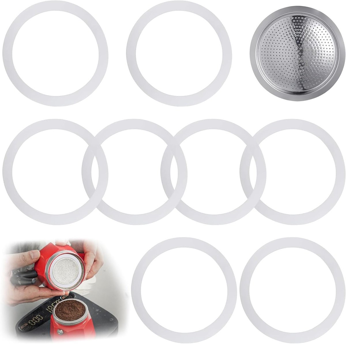 8-delige Afdichtingsset en Reservefilter voor Moka Espressopot, 3 Kopjes