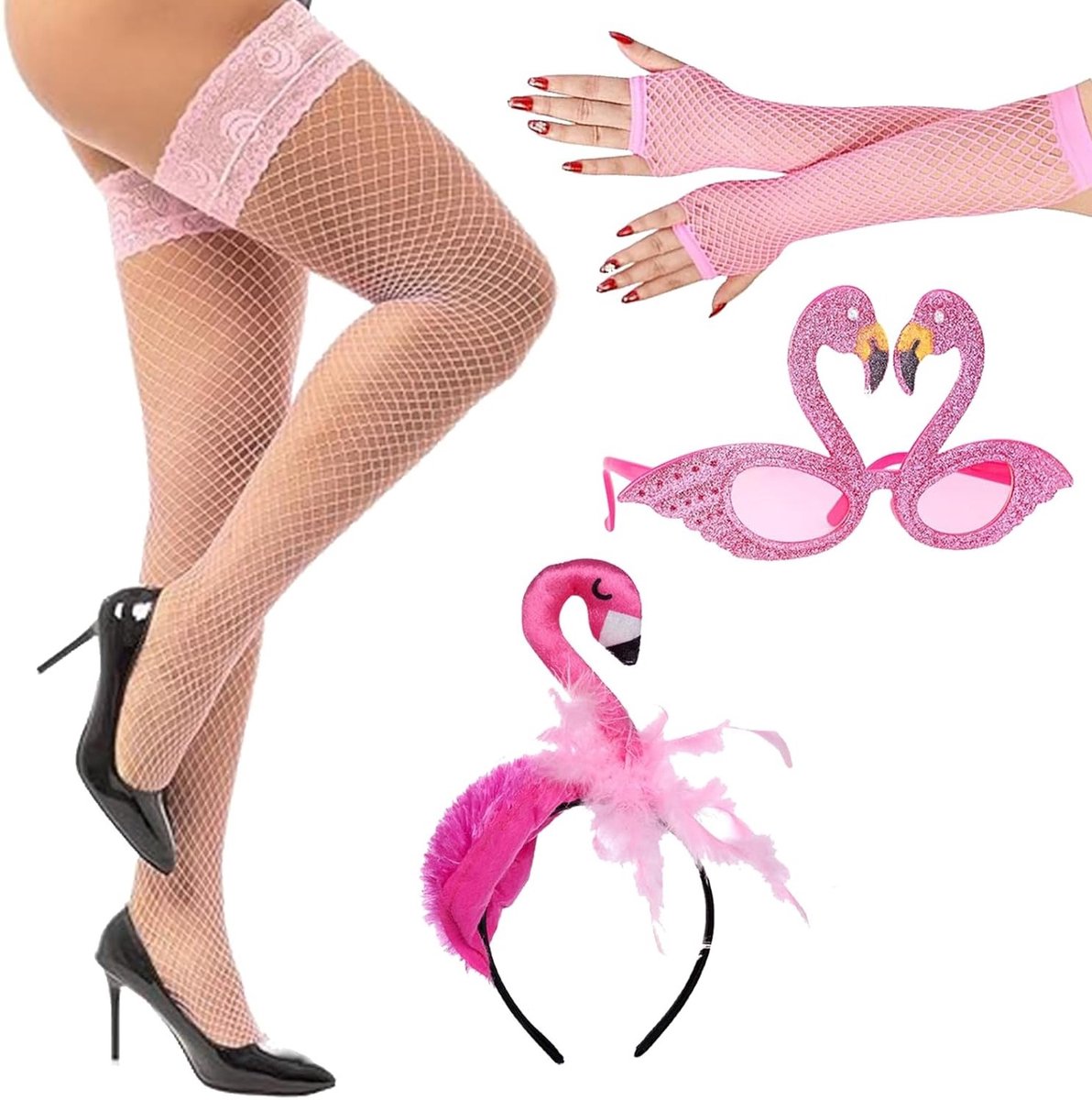 Flamingo Kostuum voor Vrouwen en Kinderen - Compleet Set met Hoofdband, Bril, Handschoenen en Ketting - Ideaal voor Hawaii Feest, Carnaval of Themafeest