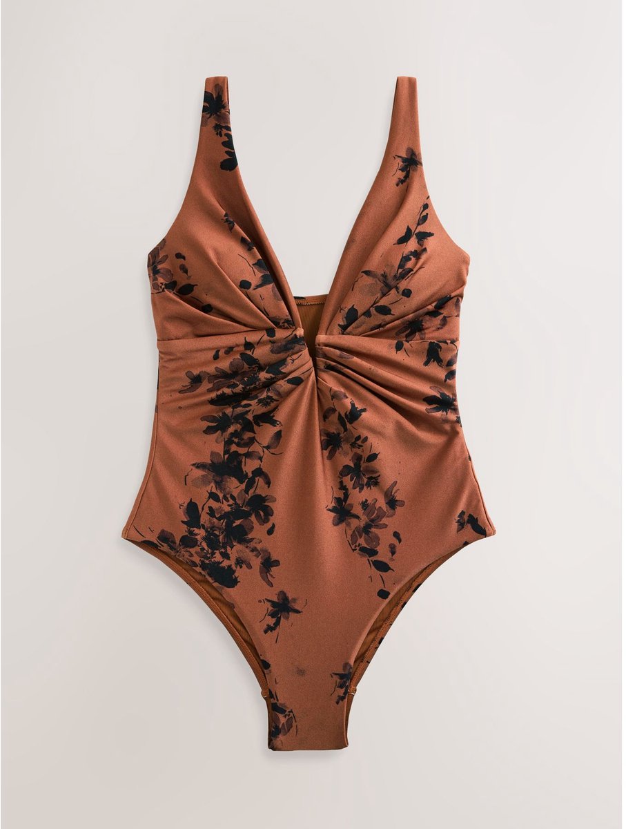 Next Dames - Diepuitgesneden buikbedekkend badpak - Tall - Bruin Brown Floral High Shine