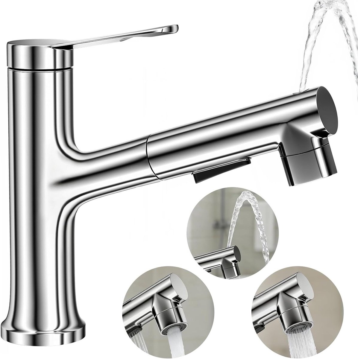 Kranen voor Badkamer en Keuken met Uittrekbare Handdouche, Hoogwaardige Koperlegering, Chroom Afwerking, 2 Spuitstanden en Flush Functie