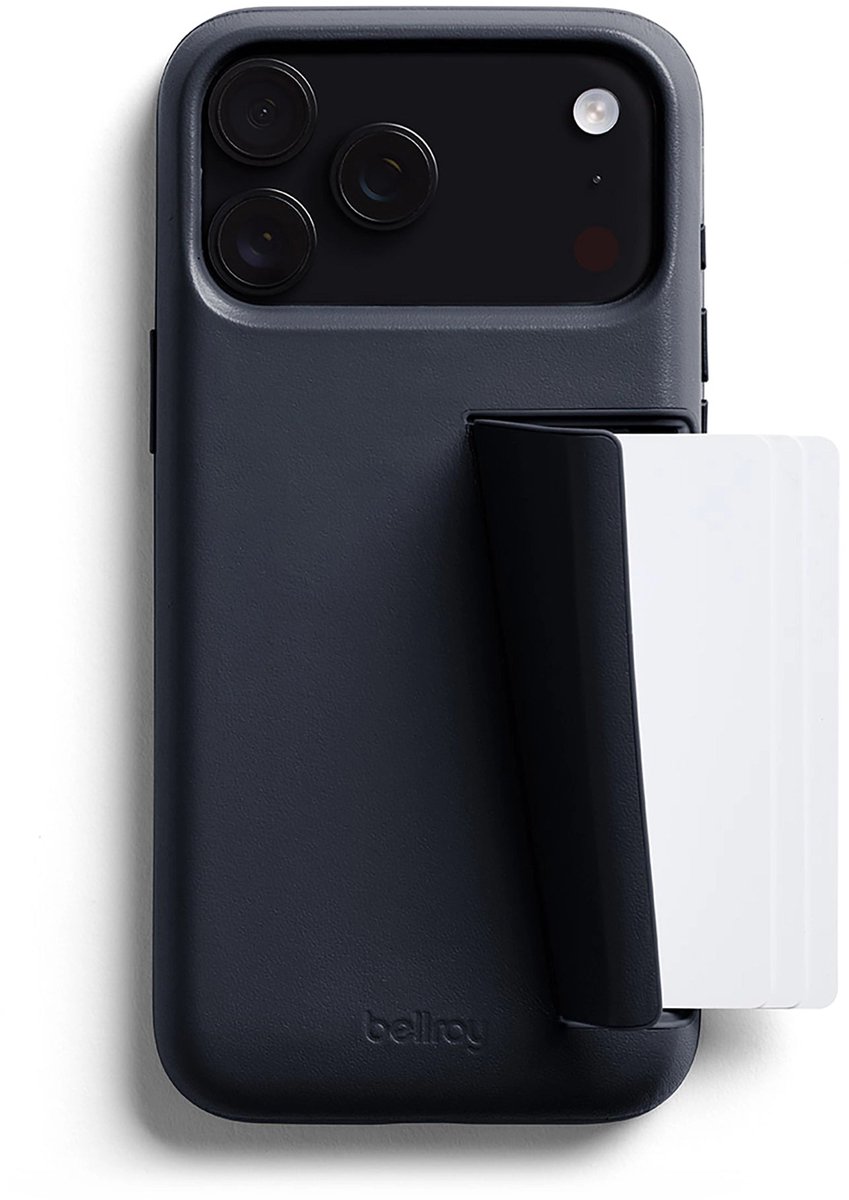 Bellroy 3 Card Portemonnee Hoesje iPhone 17 Pro Max – Opslag voor 3 Kaarten – Telefoonstandaard Functie – Gemaakt van Premium Leer en Schokabsorberend Polymeer - Blauw