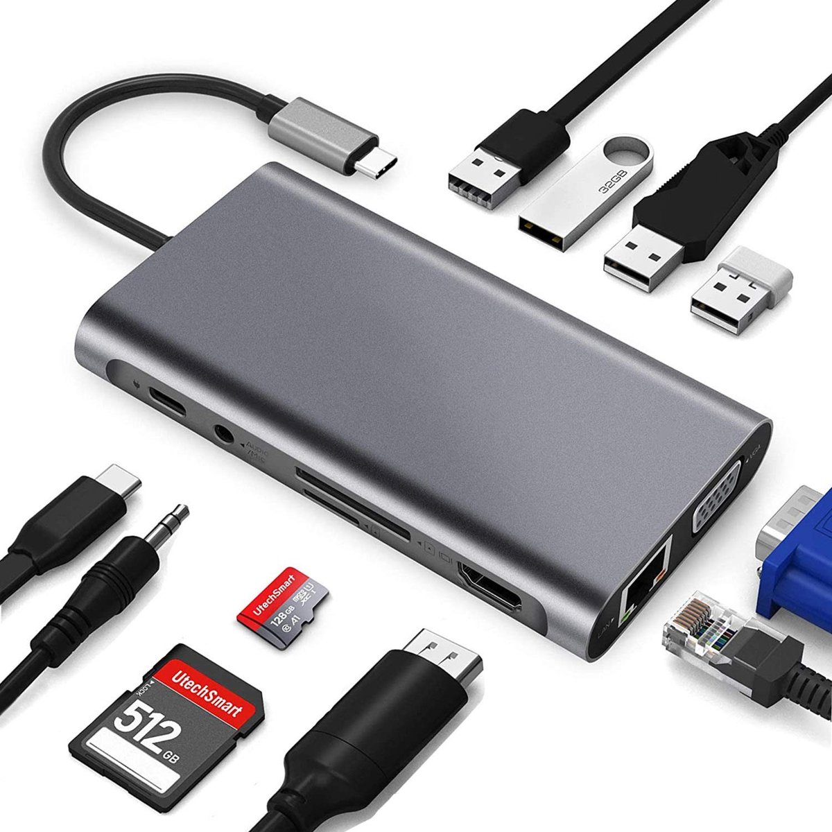 Allecto - USB C Hub Docking Station - 11-in-1 - Met 4K HDMI en VGA - USB 3.0 en Ethernet - Voor Laptop en Computer - Veelzijdige Aansluitingen - Co...