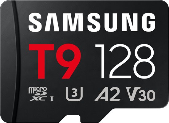 Samsung T9 128GB microSDXC I kaart met U3, A2, V30 aanduidingen.