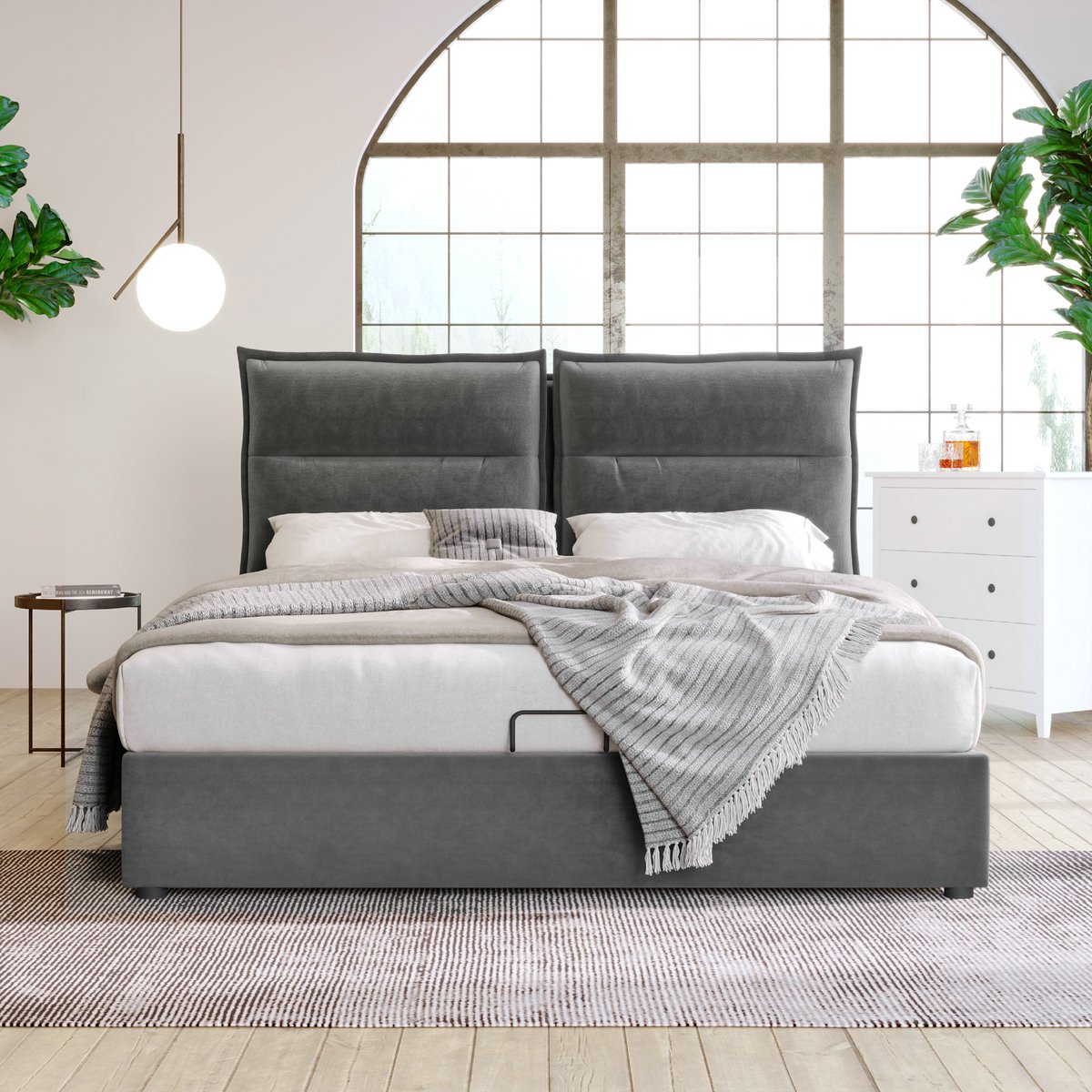 VVBV Bed met opbergruimte 140x200 / Gestoffeerd bed 140x200 / Tweepersoonsbed 140x200 – met Hydraulische Opbergruimte, Lattenbodem – Hoofdbord – Fluweel Grijs