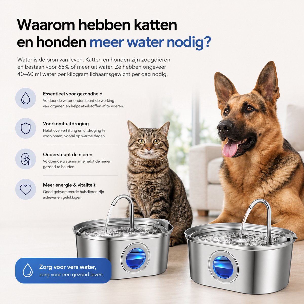 BOTC Drinkfontein Kat en Hond - Waterfontein Kat - 108oz/3.2L - Verkoeling Hond/Kat - Dieren drinkbakken - Waterdispenser - RVS thumbnail 2