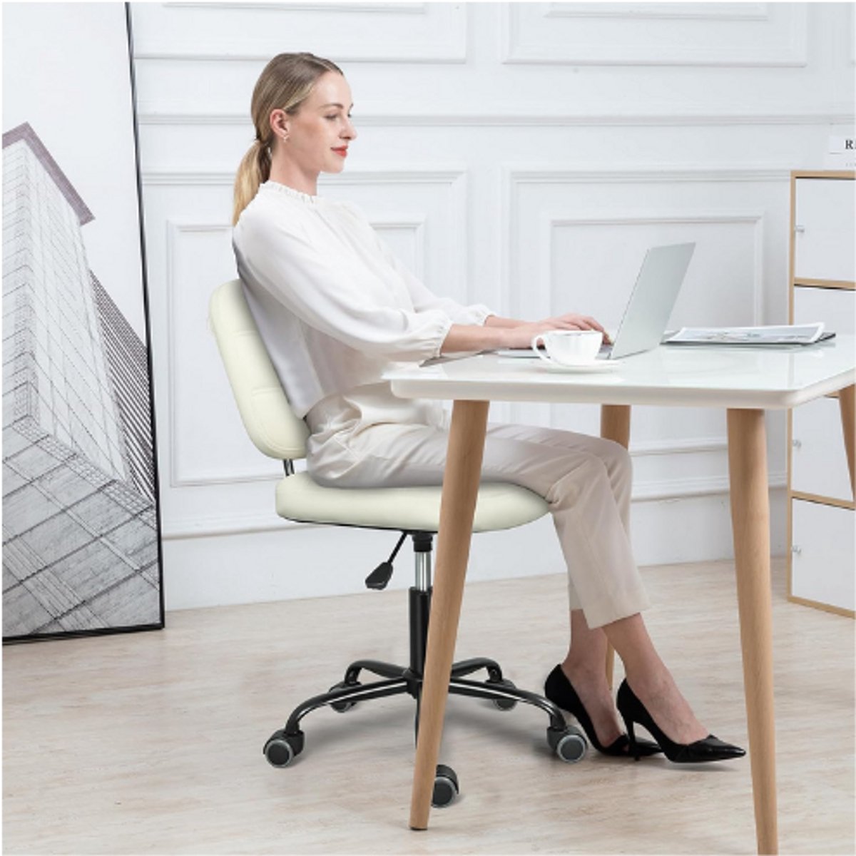 LEADER ACCESSORIES Ergonomische Bureaustoel Zonder Armleuningen - In Hoogte Verstelbaar - 360° Draaibare Wielen - Moderne Compacte Werkstoel Voor Kantoor En Thuiswerk - Wit thumbnail 3