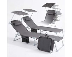 AREBOS Set 2 Ligstoel Opvouwbaar Zonnescherm Kussen 120kg Antraciet Tuin Patio Home