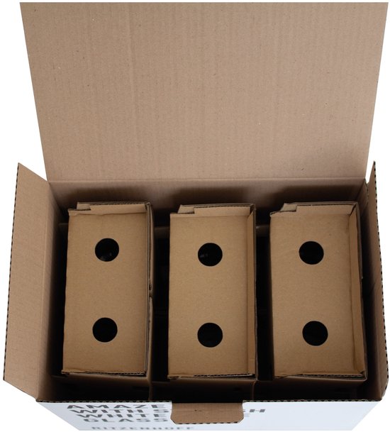 Open kartonnen verpakking met drie kartonnen inzetstukken met elk twee ronde uitsparingen.